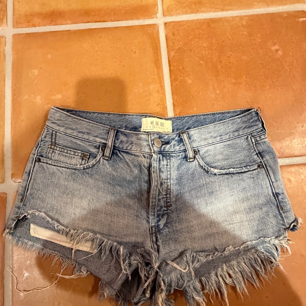 Free People Light Blue Frayed Denim Cutoff Shorts